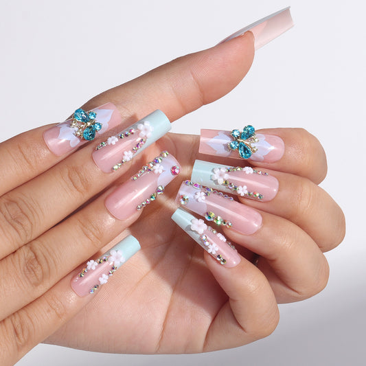 Dreamy Floral Elegance Long Square Acrylic Press On Nail Set in Pastel Pink and Blue with Gemstone Embellishments