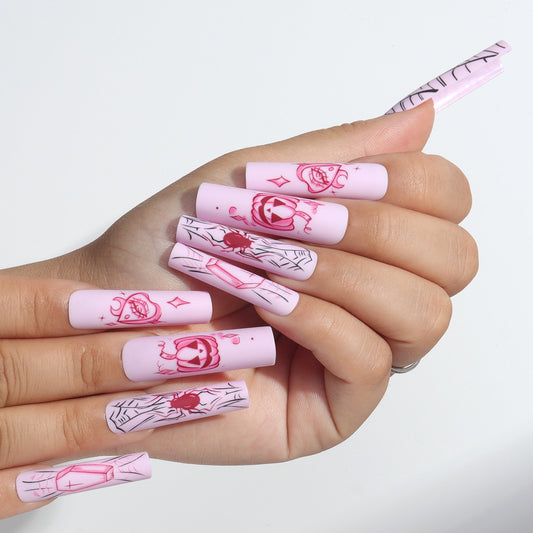 Spooky Chic Long Square Matte Pink Press On Nail Set with Gothic Spider Web Design