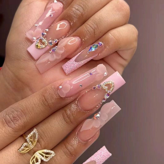 Glamorous Floral Dream Pink Long Coffin Press On Nail Set with Rhinestones and 3D Flower Accents