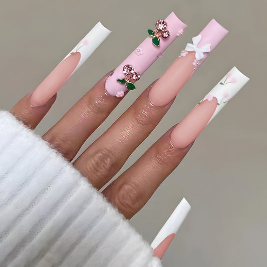 Blossom Elegance Extra Long Square Pink Press On Nail Set with Floral Design and Gem Accents