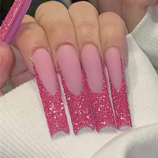 Glamorous Pink Paradise Long Square Press On Nail Set with Sparkling Glitter and Trendy Design