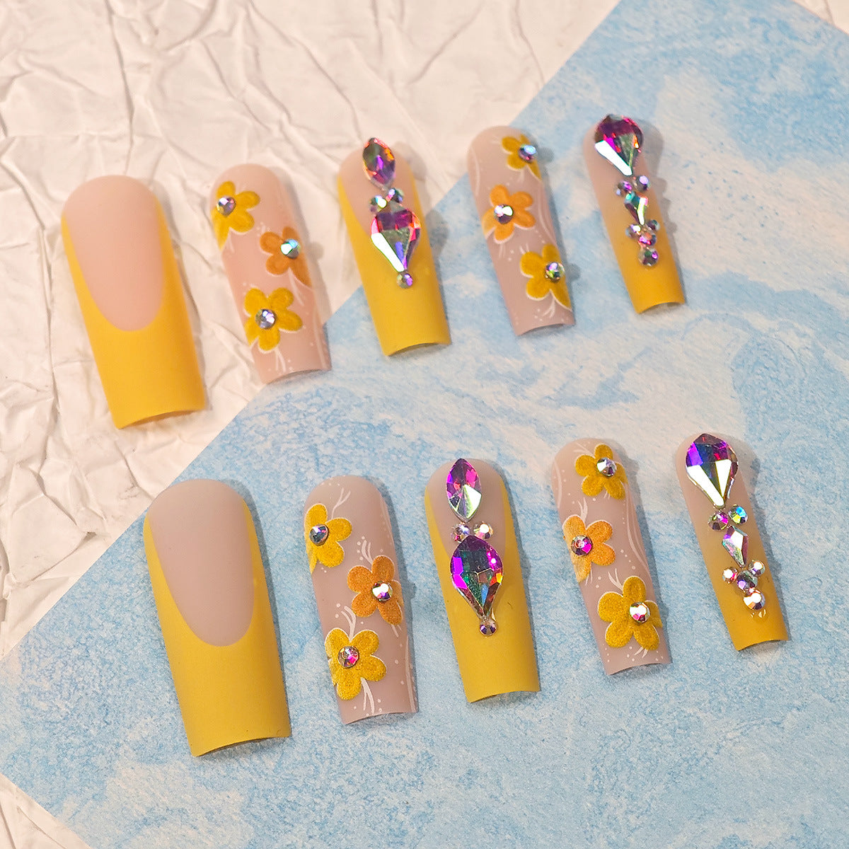 Floral Sunburst Long Coffin Yellow and Pastel Press On Nails with Gemstone Accents