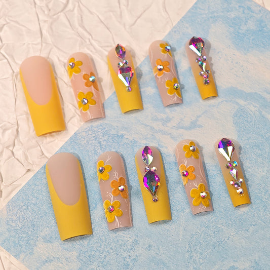 Floral Sunburst Long Coffin Yellow and Pastel Press On Nails with Gemstone Accents