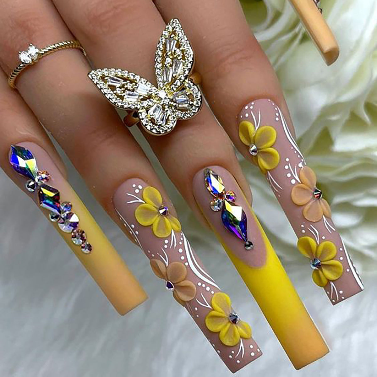 Floral Dream Long Coffin Yellow and Beige Press On Nail Set with Rhinestones and Flower Accents