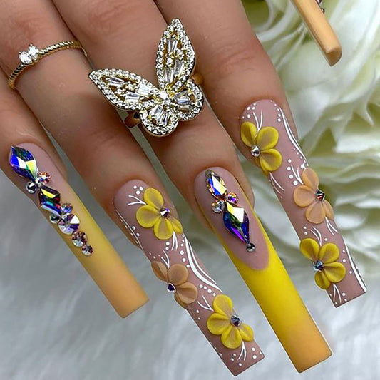 Floral Dream Long Coffin Yellow and Beige Press On Nail Set with Rhinestones and Flower Accents