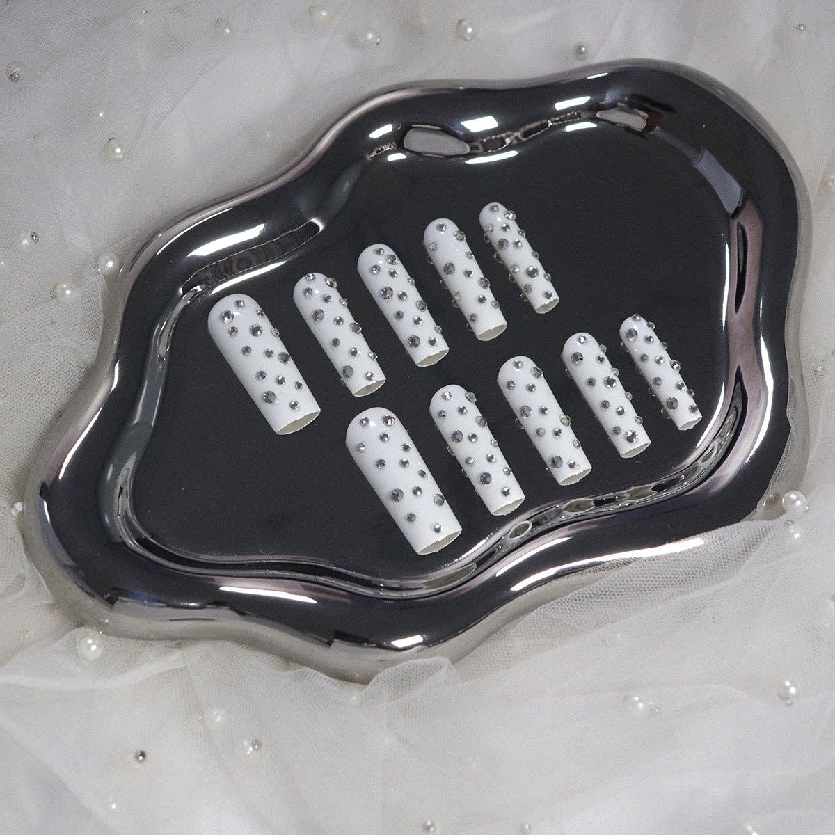 Glamorous Elegance Long Square White Nails with Dazzling Rhinestones Press On Set