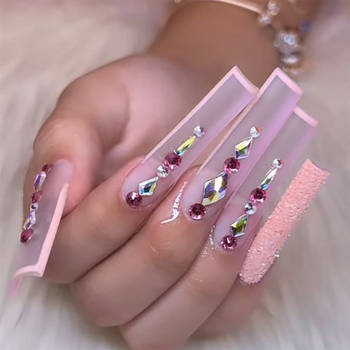 Glamorous Fairy Tale Extra Long Square Transparent Pink Press On Nail Set with Rhinestone Accents