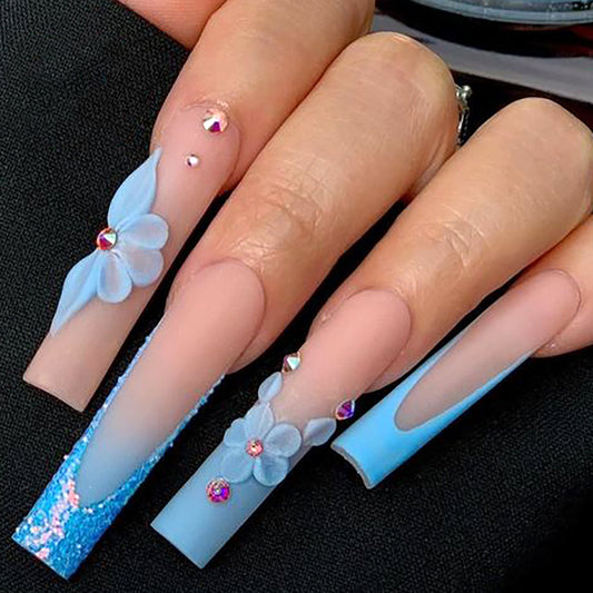 Frosted Elegance Long Square Shape Beige and Blue Press On Nails with 3D Floral and Crystal Accents