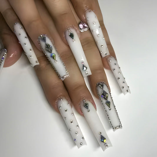 Glamorous Crystal Elegance 3D Long Square White Press On Nails with Rhinestone Accents
