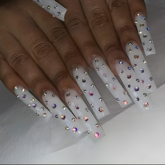 Glamorous Crystal Enchantment Long Square Press On Nails in Clear with Stunning Rhinestone Accents