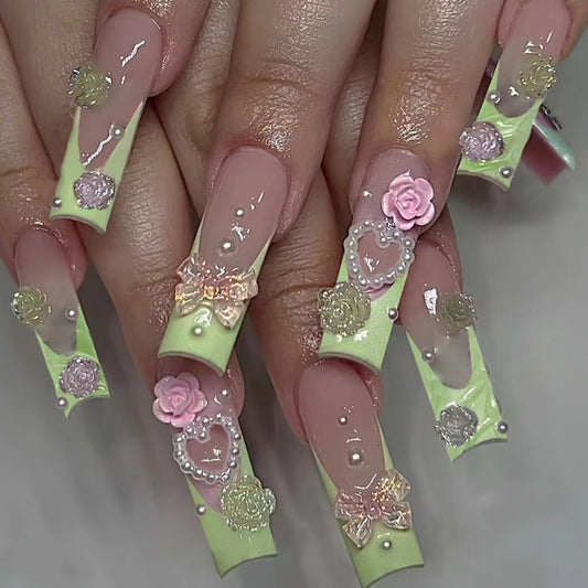 Charming Garden Long Square Press On Nail Set in Soft Green with Floral Embellishments and Pearls