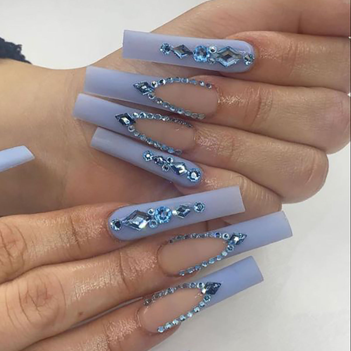 Celestial Dreams Long Coffin Matte Lavender Press On Nail Set with Dazzling Blue Rhinestones