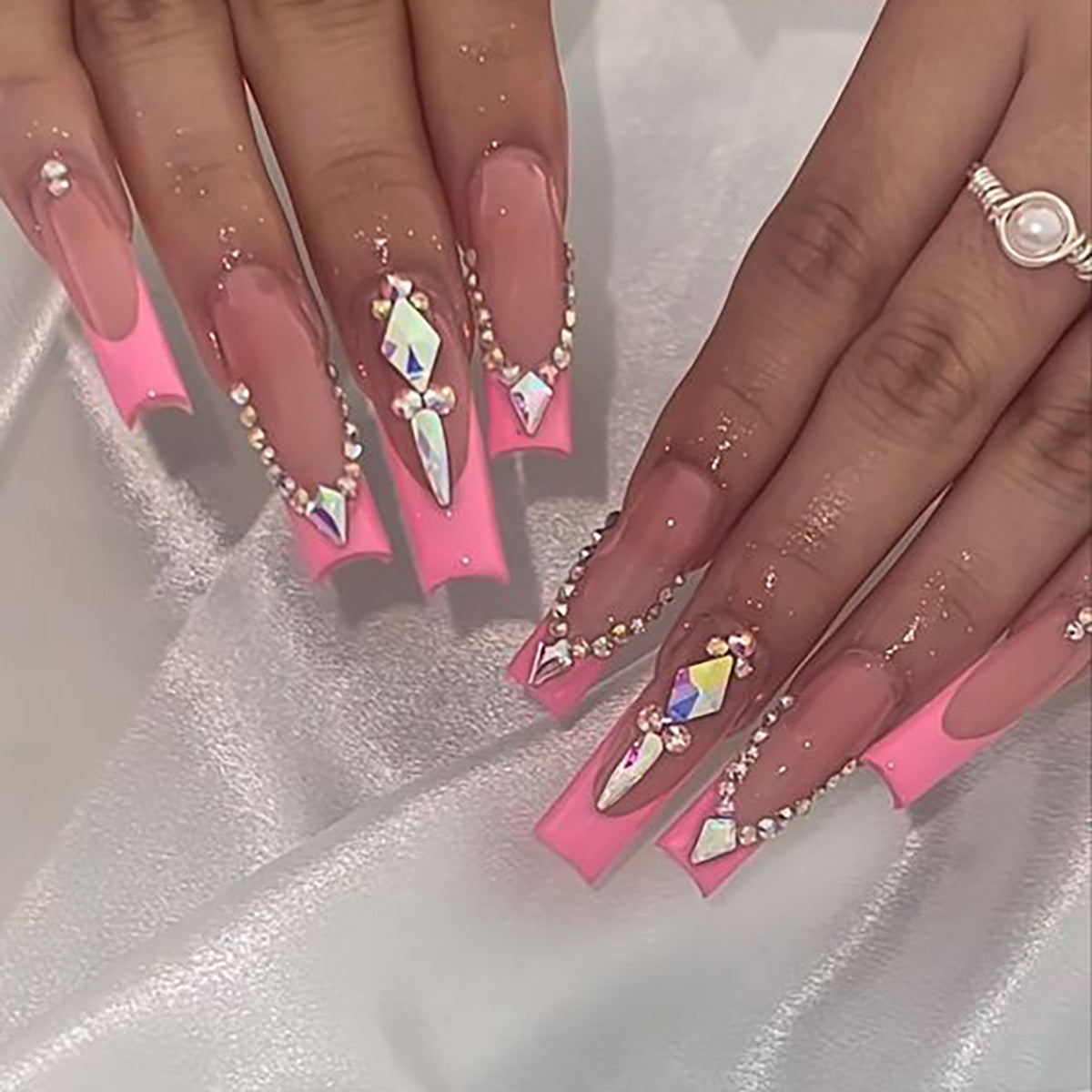 Glamorous Pink Press On Nail Set Long Coffin Shape Sparkling Gemstone Accents