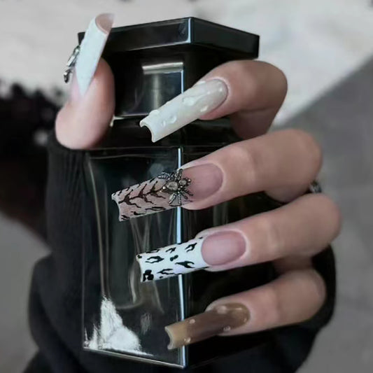 Glamorous Chic Extra Long Coffin Press On Nail Set Colorful White Brown and Black with Unique Floral Accent