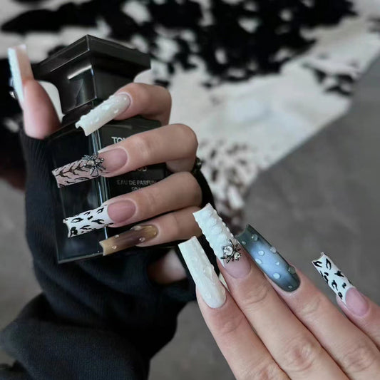 Glamorous Chic Long Coffin White and Multicolor Press On Nail Set with Unique Floral Accents and Textured Designs
