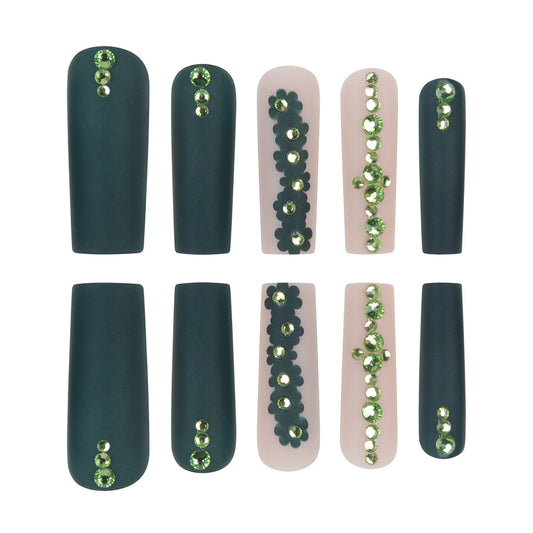Emerald Enchantment Long Square Matte Green and Blush Press on Nail Set with Shimmering Gemstone Accents