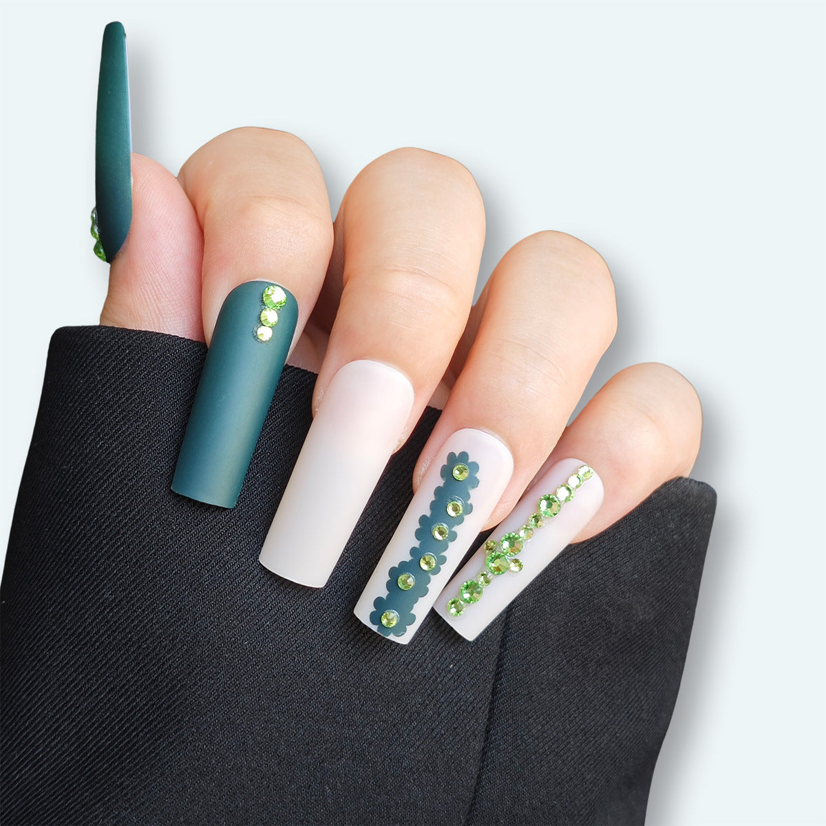 Botanical Bliss Extra Long Square Green and White Press On Nail Set with Floral Designs and Sparkling Gems