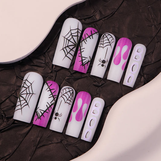 Spooky Spiderweb Design Long Coffin White and Pink Press On Nail Set with Glow in the Dark Accents