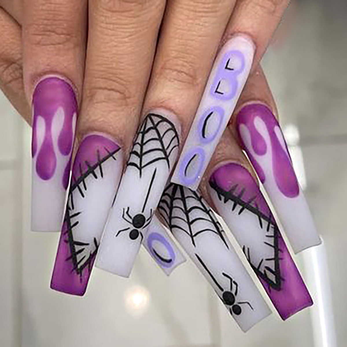 Spooky Halloween Long Coffin Purple Ombre Press On Nail Set with Spider Web Design