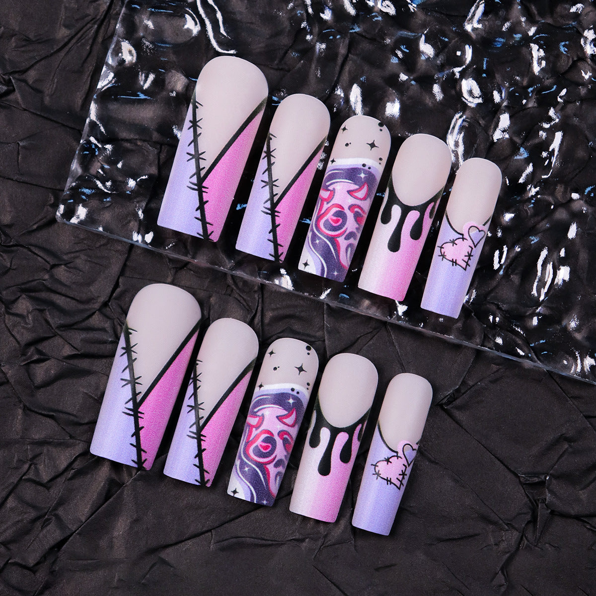Gothic Heartbeat Long Square Press On Nails Gradient Pink and Purple with Stitching and Dripping Design