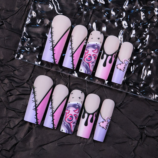 Gothic Heartbeat Long Square Press On Nails Gradient Pink and Purple with Stitching and Dripping Design