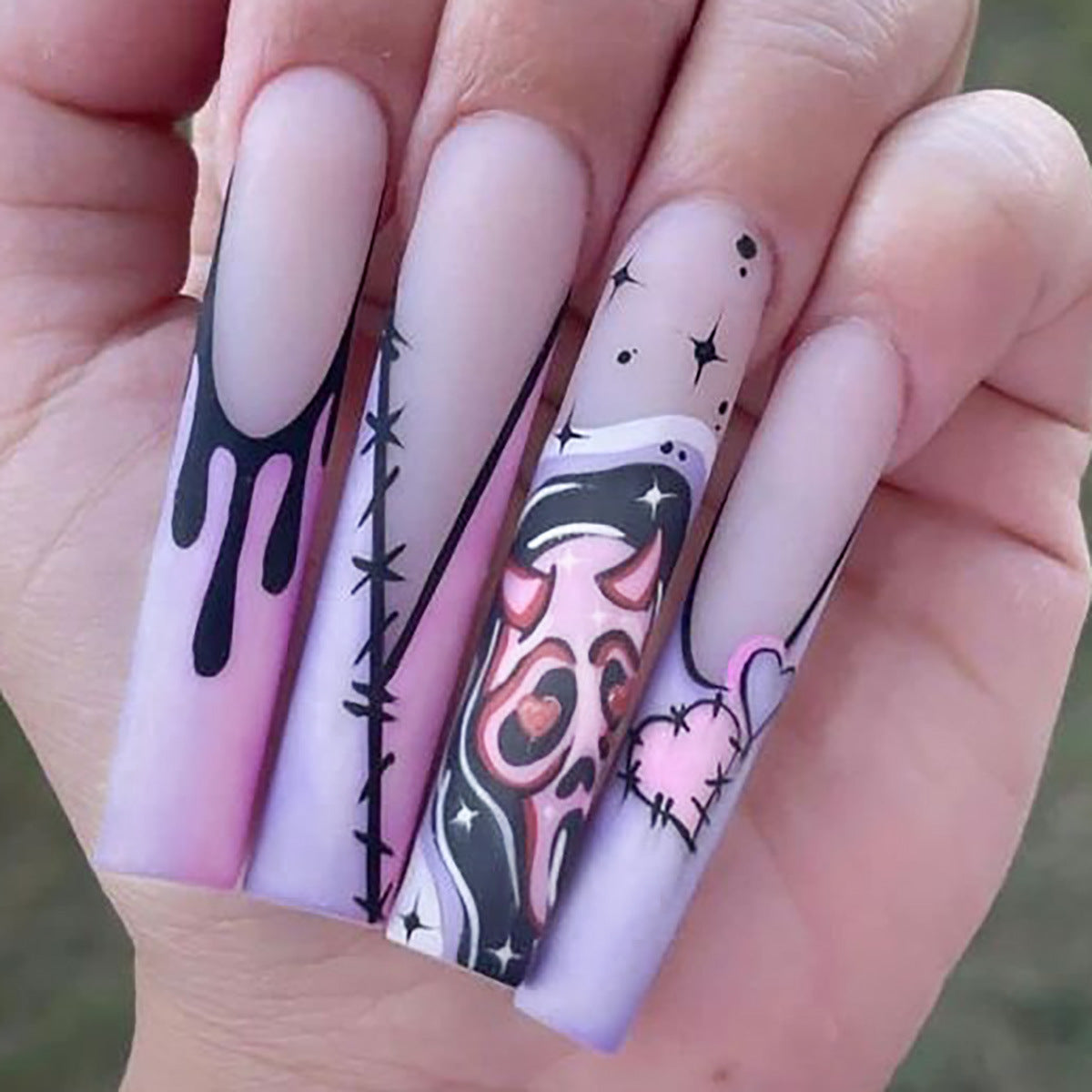 Gothic Glam Long Square Shape Matte Lavender Press On Nail Set With Unique Skull Art Design