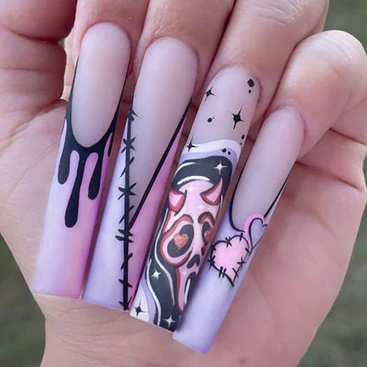 Gothic Glam Long Square Shape Matte Lavender Press On Nail Set With Unique Skull Art Design