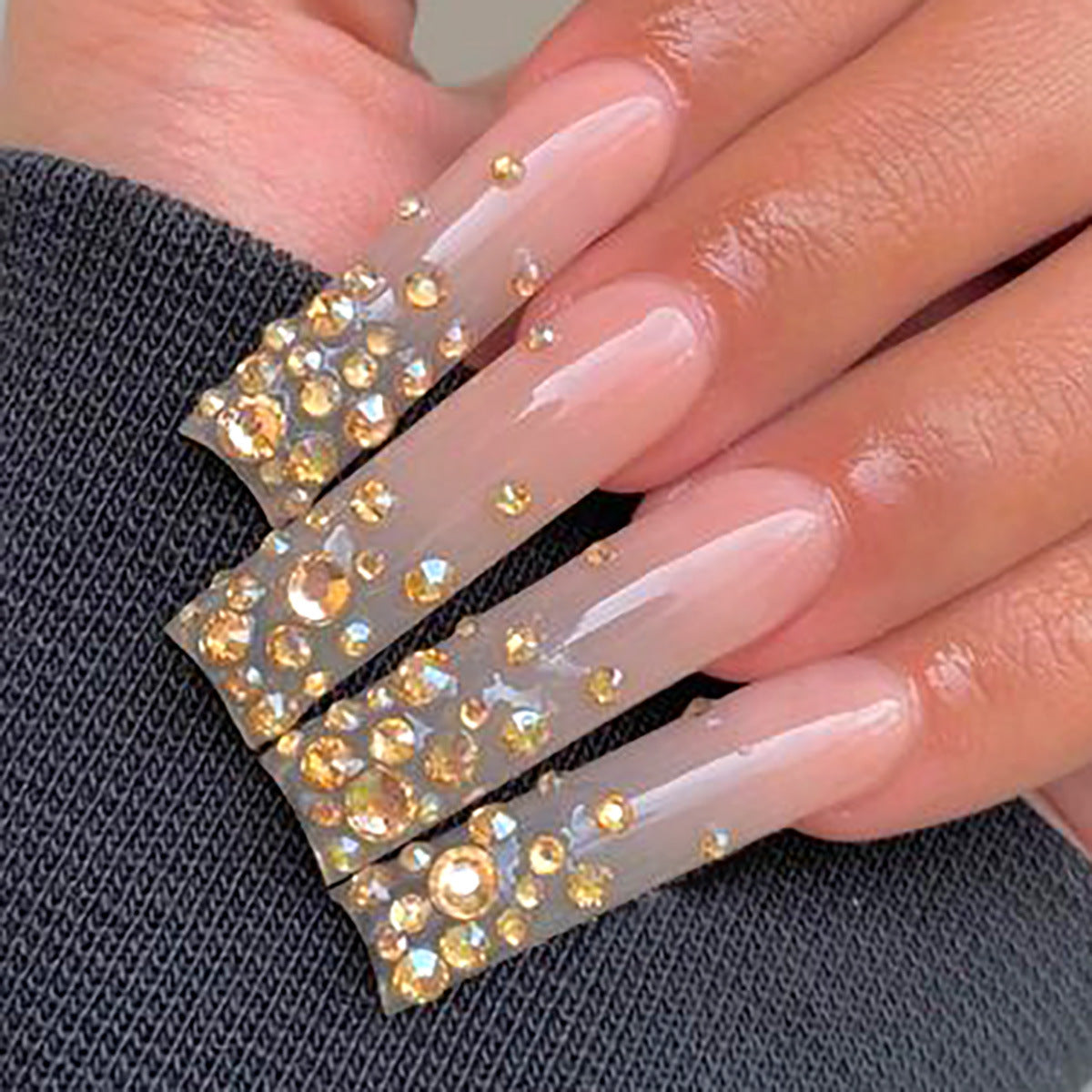 Glamorous Elegance Extra Long Square Press On Nails Clear with Stunning Gold Rhinestones