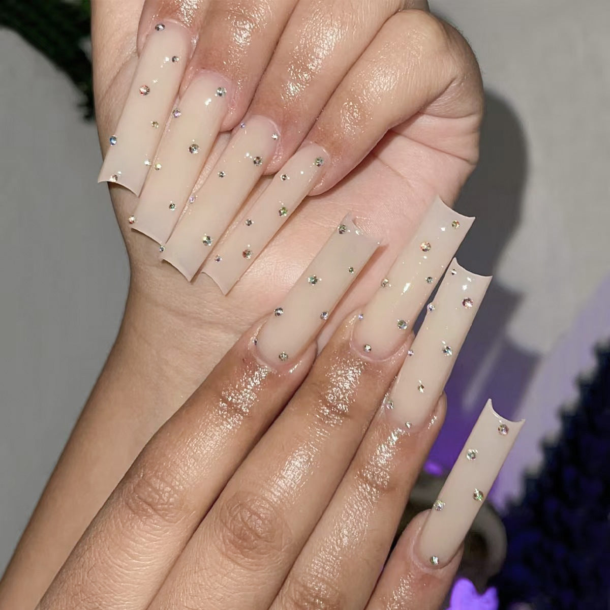 Ethereal Elegance Long Square Beige Press On Nail Set with Shimmering Rhinestones