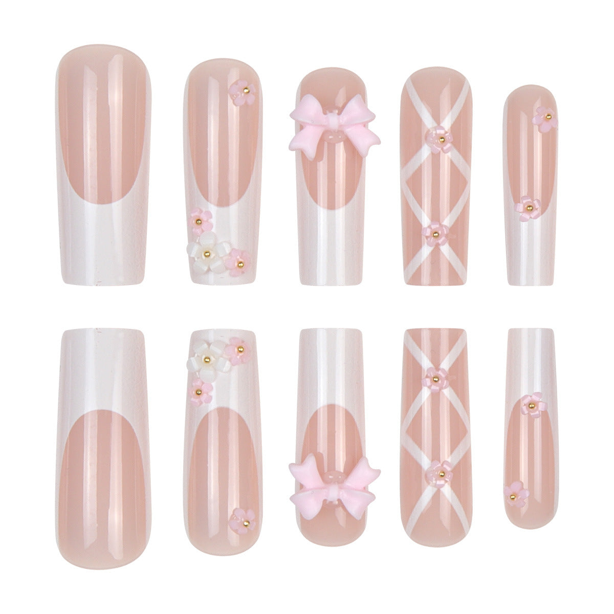 Charming Blossom Theme Extra Long Square Pink Press On Nail Set with Delicate Bow and Floral Accents