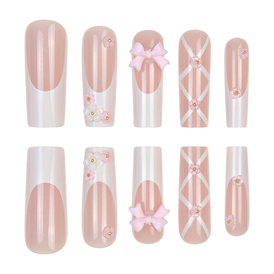 Charming Blossom Theme Extra Long Square Pink Press On Nail Set with Delicate Bow and Floral Accents
