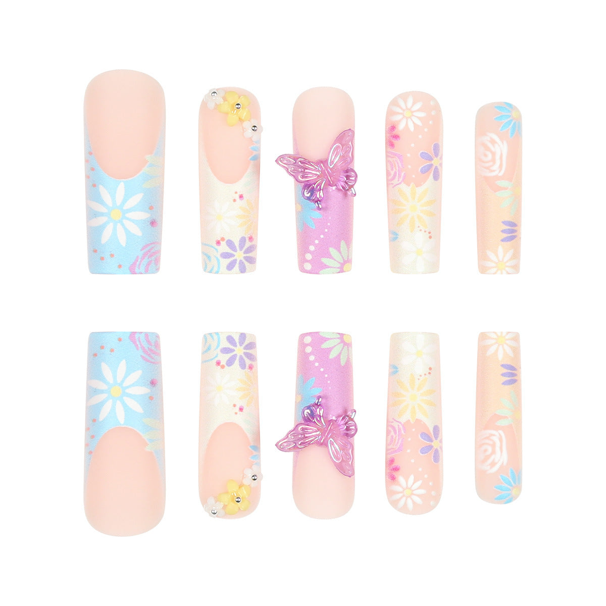 Spring Garden Floral Long Square Shape Colorful Press on Nail Set with Charming Butterfly and Flower Accents