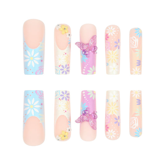 Spring Garden Floral Long Square Shape Colorful Press on Nail Set with Charming Butterfly and Flower Accents