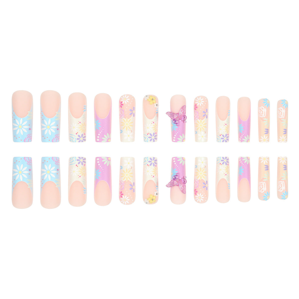Floral Fantasy Long Square Shaped Pastel Press-On Nail Set with Butterfly and Flower Accents