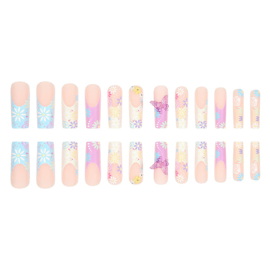 Floral Fantasy Long Square Shaped Pastel Press-On Nail Set with Butterfly and Flower Accents