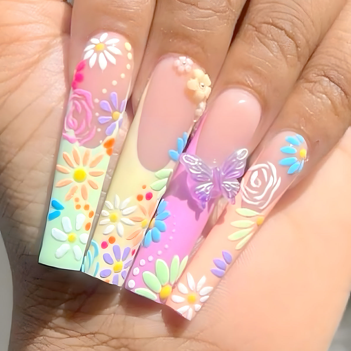 Whimsical Garden Inspired Long Square Pastel Floral Design with Butterfly Accent Press On Nail Set
