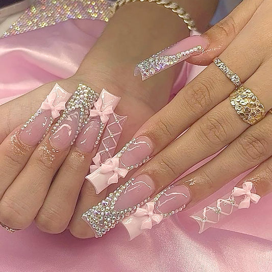 Charming Elegance Long Square Pink with Decorative Bows and Rhinestone Accents Press On Nail Set