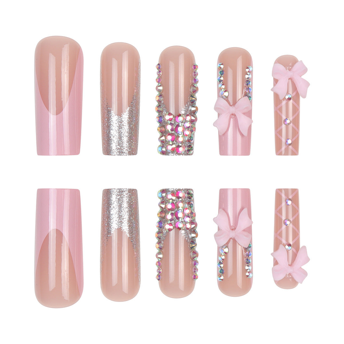 Charming Elegance Long Pink Square Shaped Nails with Glitter and Bow Embellishments