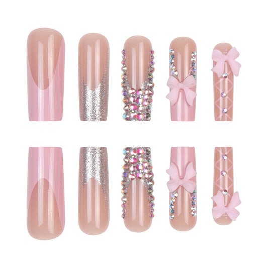 Charming Elegance Long Pink Square Shaped Nails with Glitter and Bow Embellishments