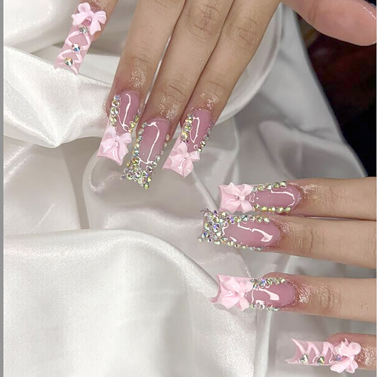 Whimsical Dreamy Pink Long Square Shape Press on Nail Set with Sparkling Gemstone Embellishments