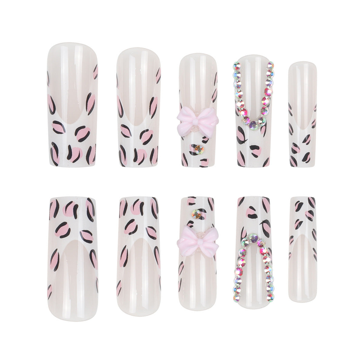 Fierce Feline Glossy Long Square Pink Leopard Print Press On Nail Set with Rhinestone and Bow Accents