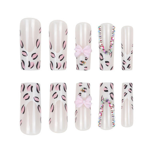 Fierce Feline Glossy Long Square Pink Leopard Print Press On Nail Set with Rhinestone and Bow Accents