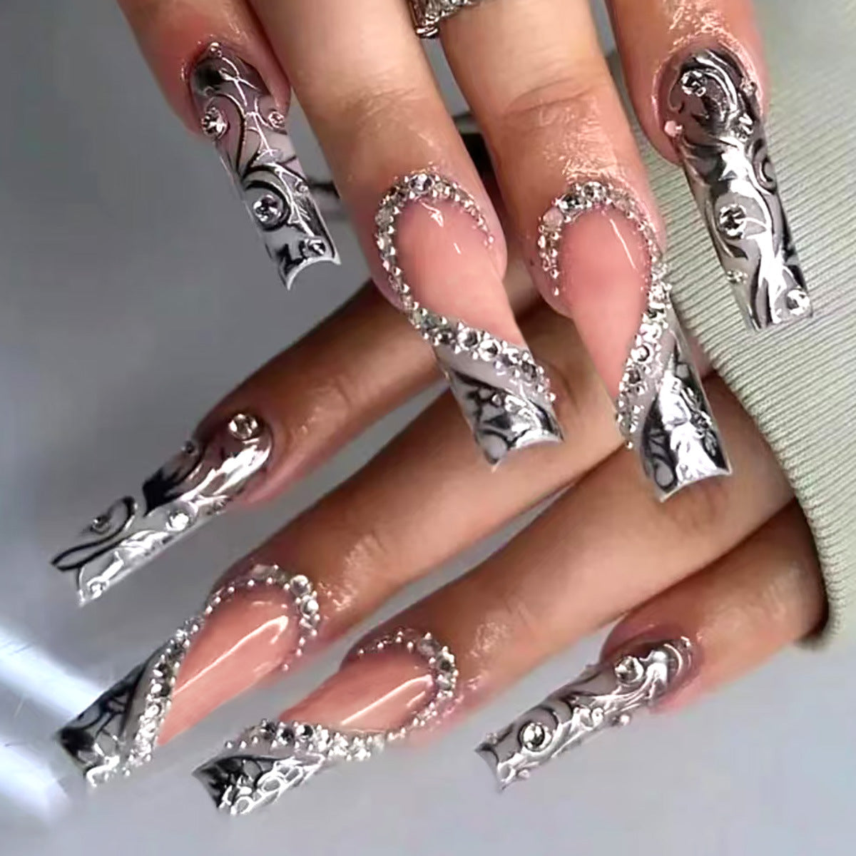 Glamorous Elegance Long Square Silver with Elegant Embellishments Press On Nail Set