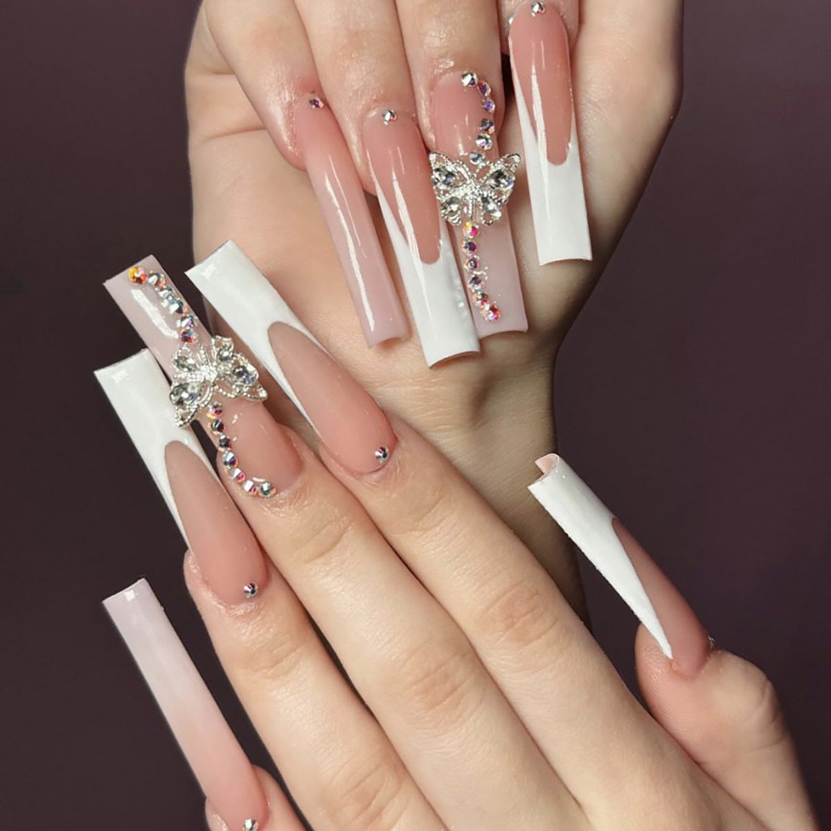Enchanting Elegance Extra Long Square White and Beige Press On Nail Set with Dazzling Rhinestone Butterfly Accent