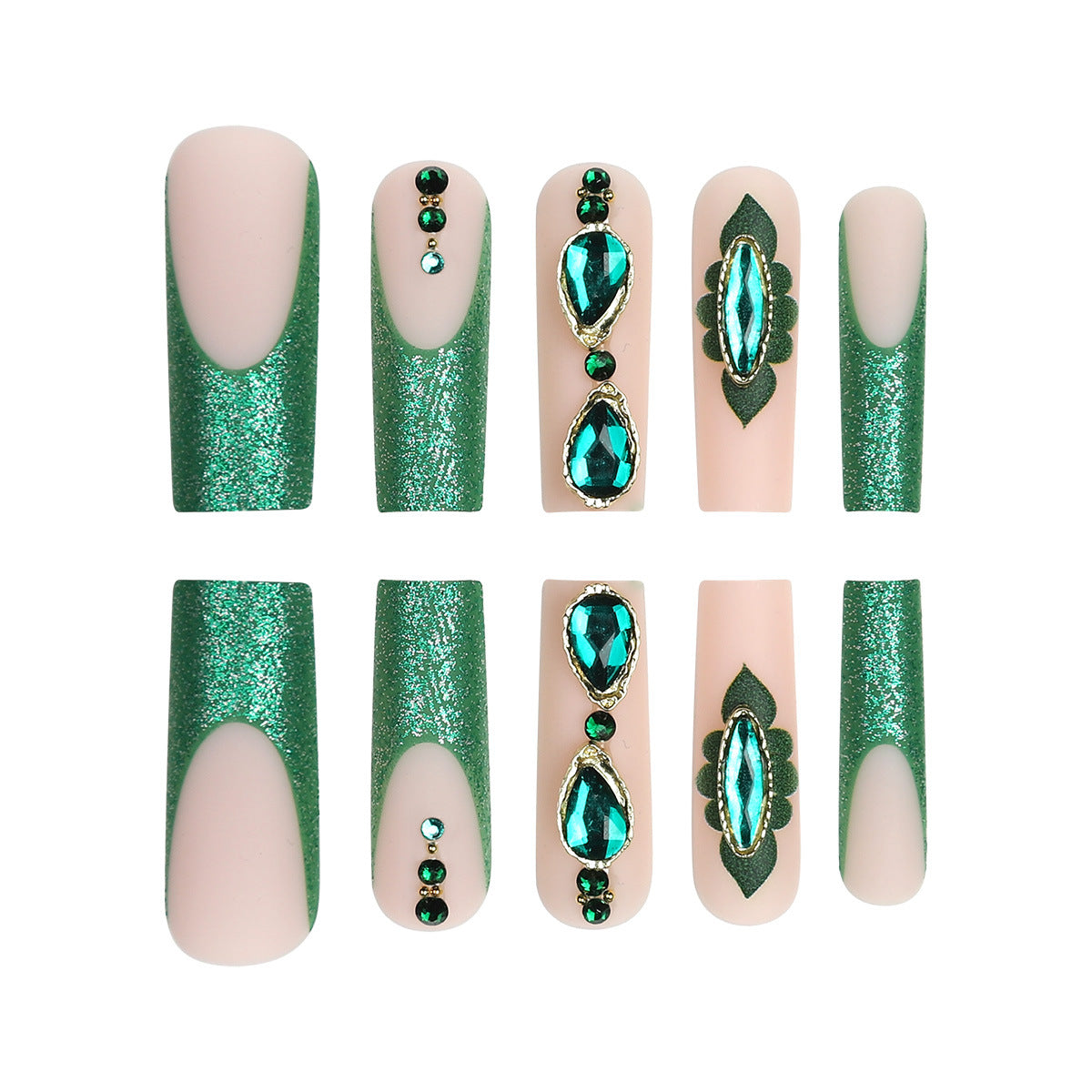 Enchanted Forest Long Square Green Glitter Press on Nail Set with Stunning Gem Accents