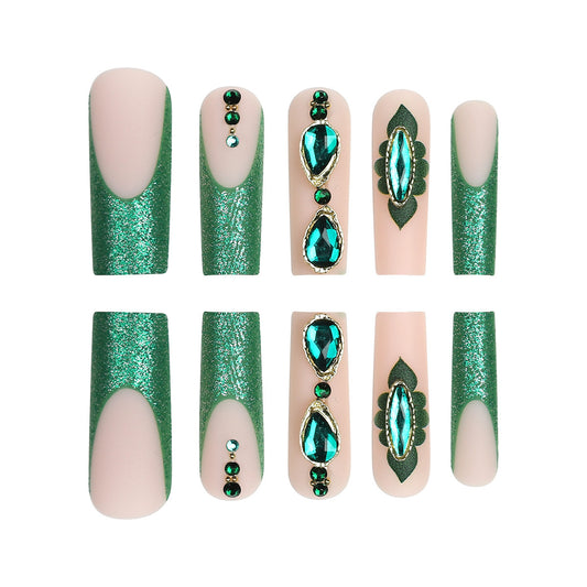 Enchanted Forest Long Square Green Glitter Press on Nail Set with Stunning Gem Accents
