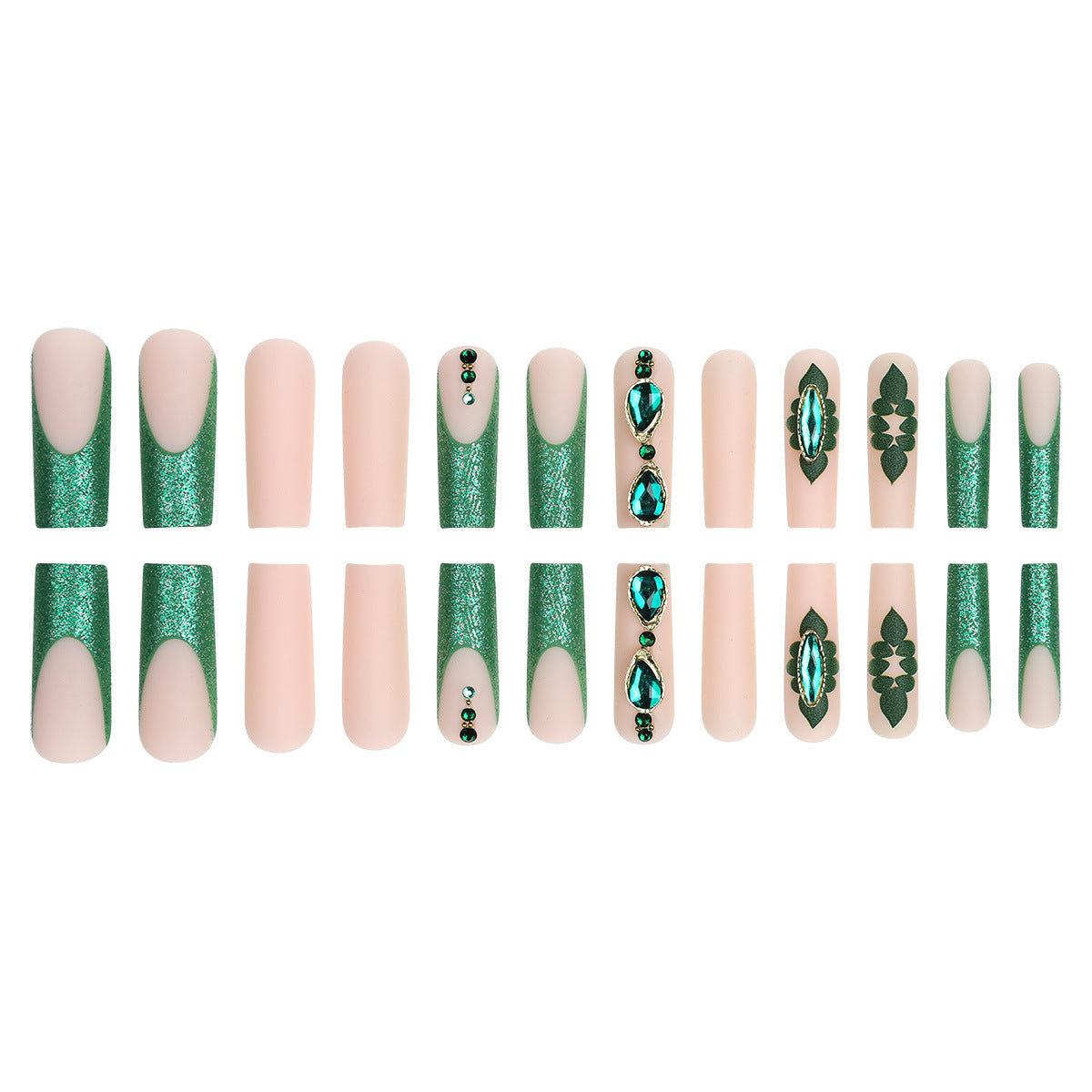 Emerald Elegance Glamorous Long Square Green Glitter Press On Nail Set with Stunning Gem Accents