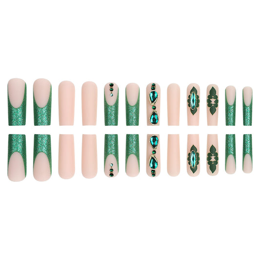 Emerald Elegance Glamorous Long Square Green Glitter Press On Nail Set with Stunning Gem Accents