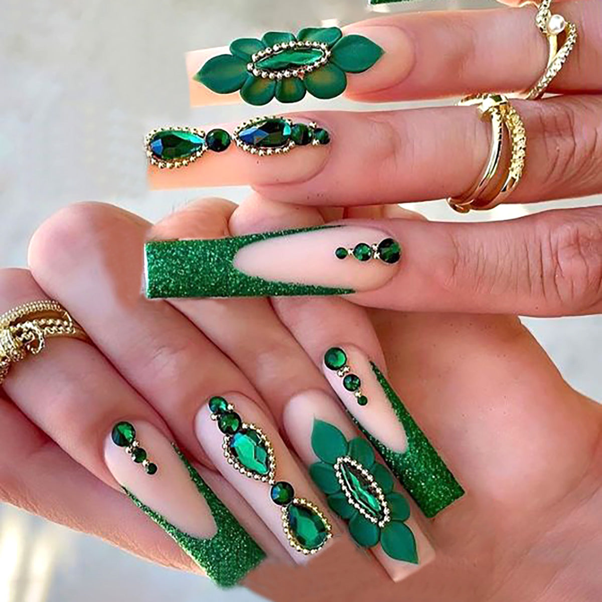 Enchanted Forest Glamorous Long Square Green Statement Press-On Nail Set with Sparkling Gem Accents