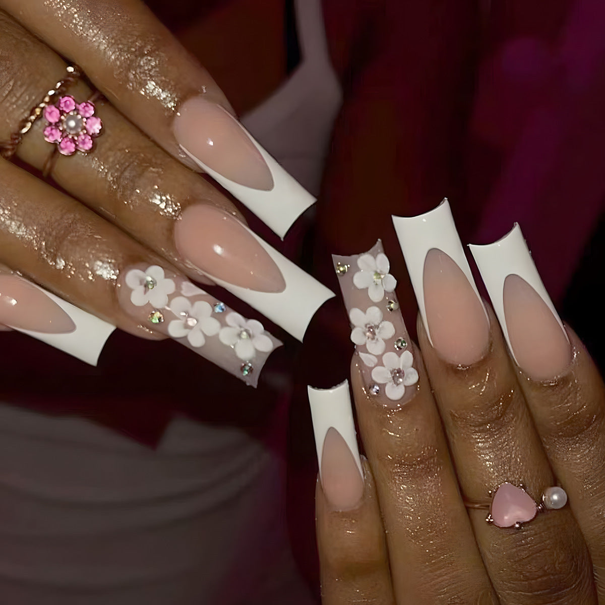 Charming Floral Fantasy Long Square White and Pink Press On Nail Set with Elegant Crystal Accents